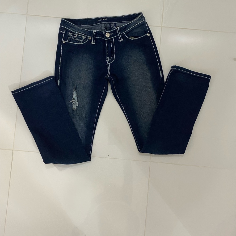 Dark wash distress flare low rise denim jeans size 9/10